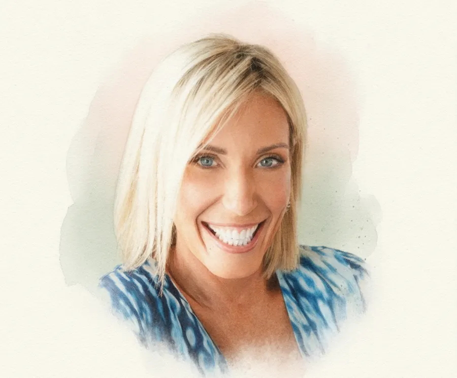 Watercolor portrait of author Betsy R. Davis, smiling